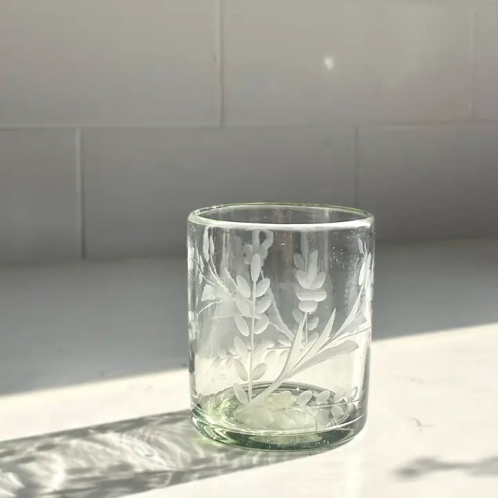 Hand-Etched Floral Tumbler Drinking Glass