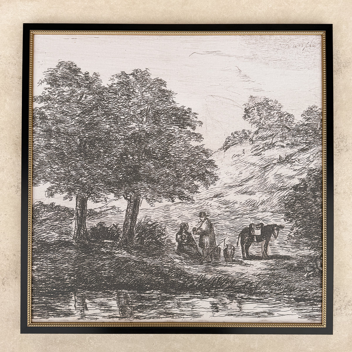 Landscape with Family Under Tree Framed Art, 23x23
