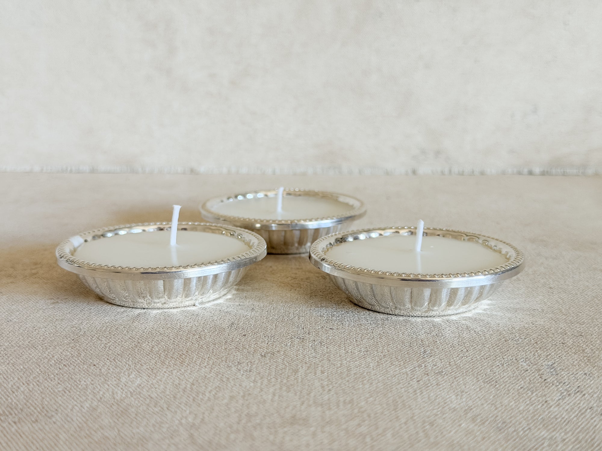 Vintage Silver Dish Votive Candles, Set of 3