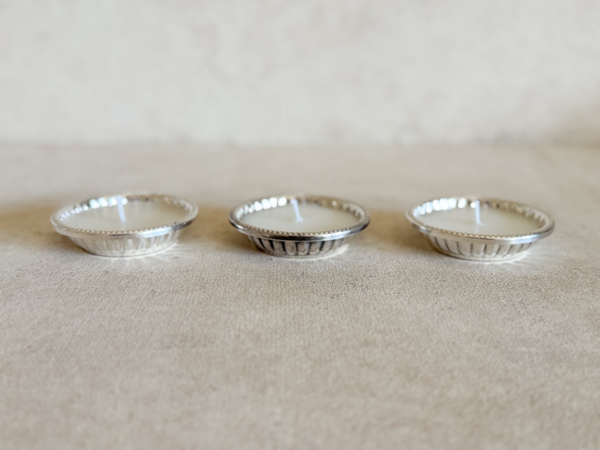 Vintage Silver Dish Votive Candles, Set of 3