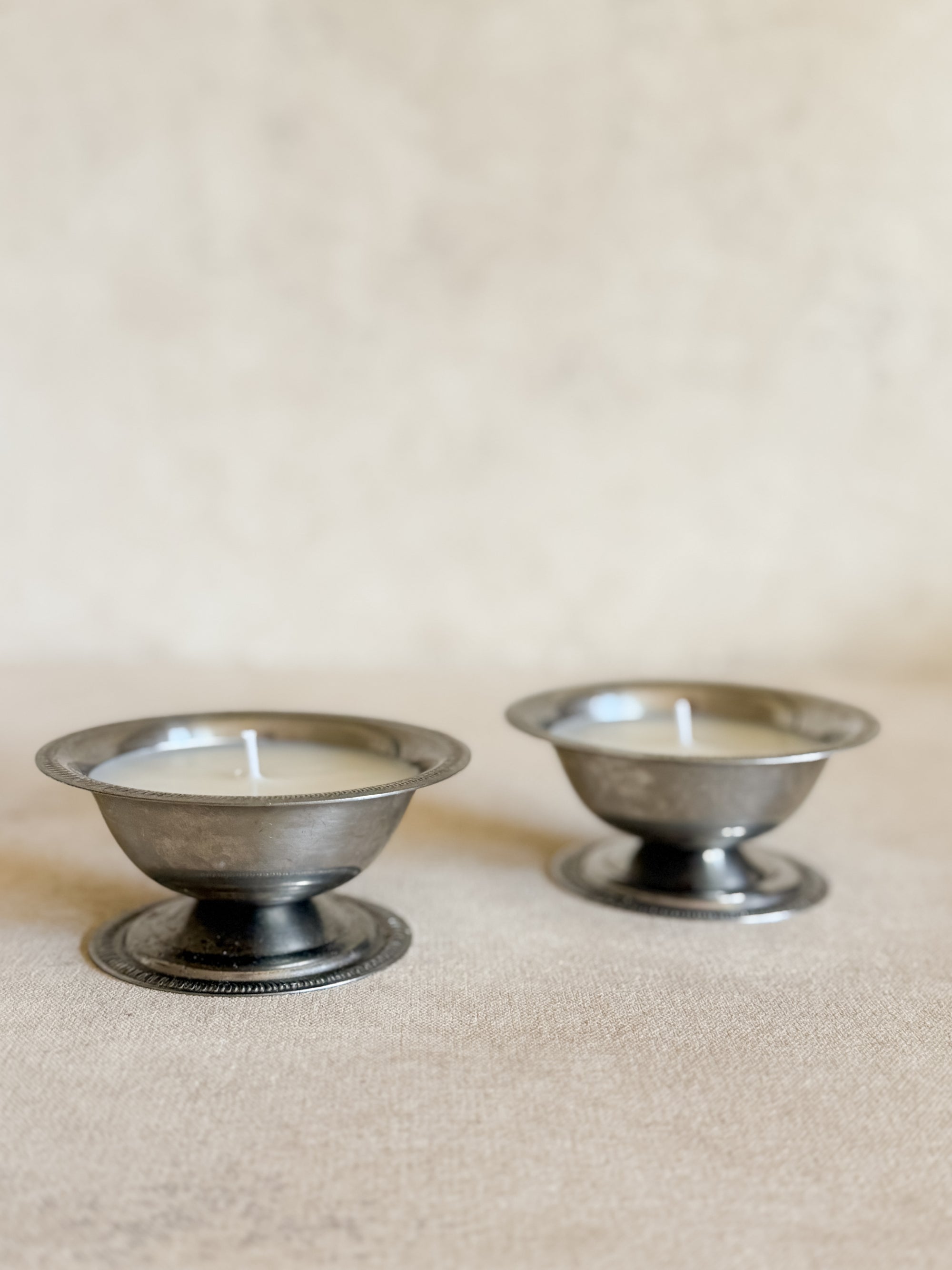 Vintage Silver Dish Votive Candles, Set of 2
