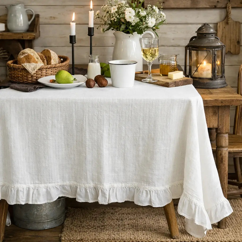 White Ruffle Linen Tablecloth – Cottage Home